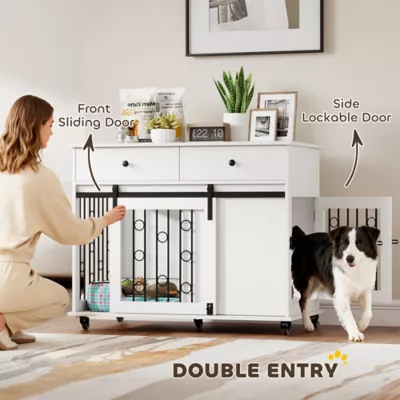 PawHut 39" Dog Crate Furniture, Dog Kennel Indoor with 2 Drawers, Wheels, Sliding Door - Image 7
