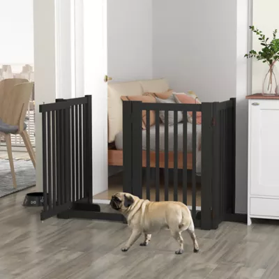 PawHut 4 Panel Free Standing Wooden Pet Gate with Open Door - Image 2