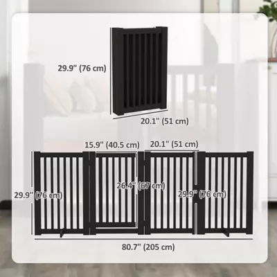 PawHut 4 Panel Free Standing Wooden Pet Gate with Open Door - Image 3