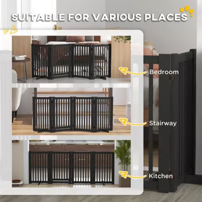 PawHut 4 Panel Free Standing Wooden Pet Gate with Open Door - Image 4