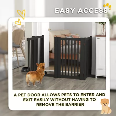 PawHut 4 Panel Free Standing Wooden Pet Gate with Open Door - Image 5