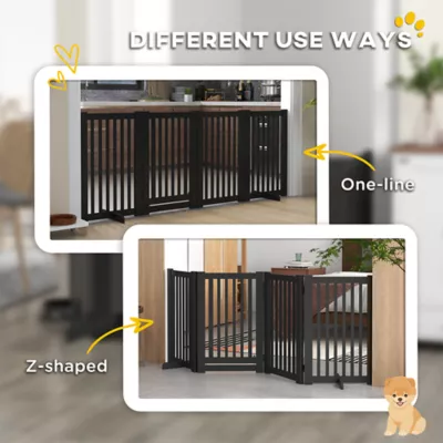 PawHut 4 Panel Free Standing Wooden Pet Gate with Open Door - Image 7