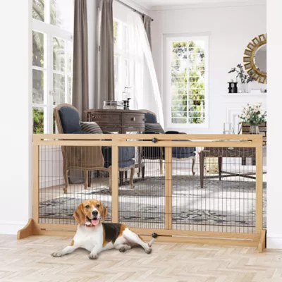 PawHut 41"-71"W Wooden Freestanding Pet Gate with Support Feet - Image 2