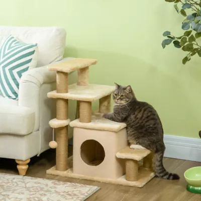 PawHut Cat Stairs Pet Steps for Couch, Bed with Scratching Posts and Condo 23.6" x 15.7" x 26" - Image 2