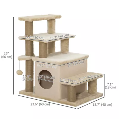 PawHut Cat Stairs Pet Steps for Couch, Bed with Scratching Posts and Condo 23.6" x 15.7" x 26" - Image 3