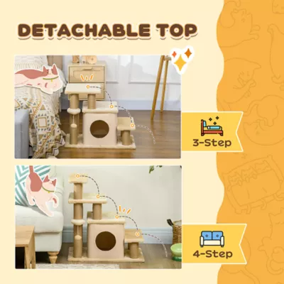 PawHut Cat Stairs Pet Steps for Couch, Bed with Scratching Posts and Condo 23.6" x 15.7" x 26" - Image 4