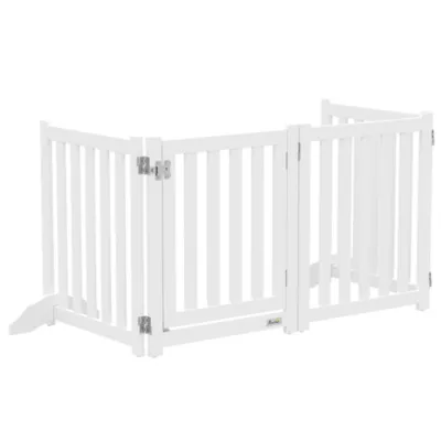 PawHut Foldable Dog Gate with Door, 4 Panels Fressstanding Pet Gate - Image 1