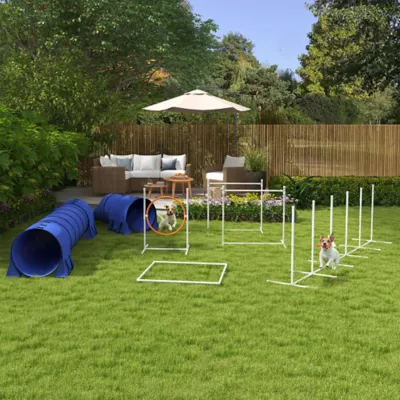PawHut 7 Pcs Dog Agility Kit w/ Tunnels, Weave Poles, Adjustable Hurdles, Jump Ring, Pause Box, Ball - Image 2