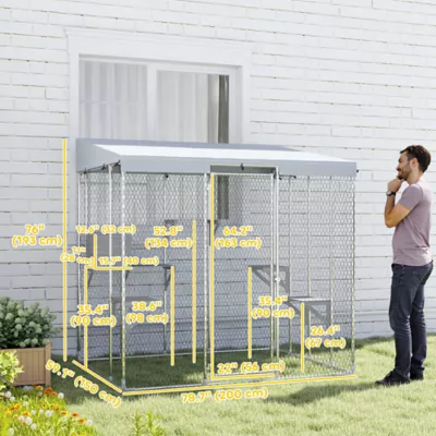 PawHut 79" L Galvanized Steel Catio Outdoor Cat Enclosure w/ Waterproof Canopy - Image 3