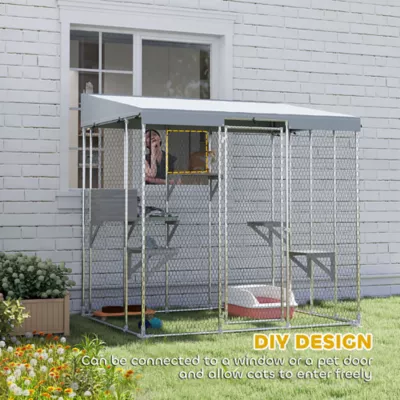 PawHut 79" L Galvanized Steel Catio Outdoor Cat Enclosure w/ Waterproof Canopy - Image 6