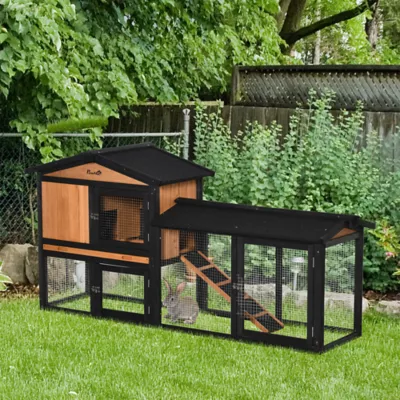 PawHut 69"L Wooden Rabbit Hutch Pet Playpen Bunny House Enclosure with Run Box, Slide-out Tray, Ramp - Image 2