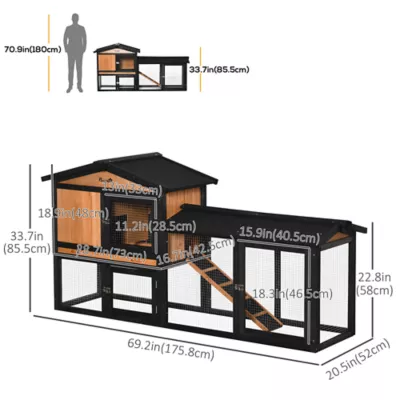 PawHut 69"L Wooden Rabbit Hutch Pet Playpen Bunny House Enclosure with Run Box, Slide-out Tray, Ramp - Image 3