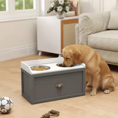 PawHut Elevated Pet Feeding Station with Storage and 2 Stainless Steel Bowls, 23.6"x11.8" x14.2" - Image 2