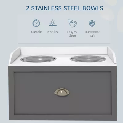 PawHut Elevated Pet Feeding Station with Storage and 2 Stainless Steel Bowls, 23.6"x11.8" x14.2" - Image 5