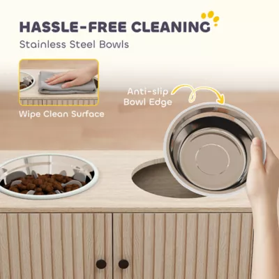 PawHut Raised Dog Bowls with Storage, Slow Feeder Insert, 2 Stainless Steel Bowls - Image 6