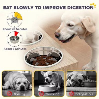 PawHut Raised Dog Bowls with Storage, Slow Feeder Insert, 2 Stainless Steel Bowls - Image 7