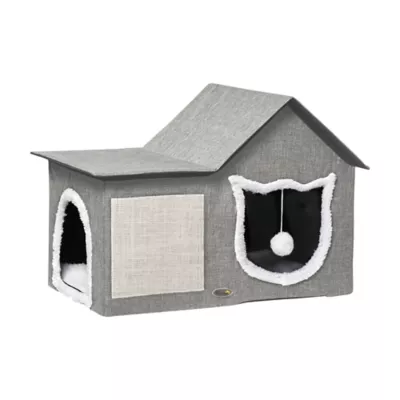 PawHut Large Cat Bed for Indoor, Cat House Hideaway with Soft Cushion, Scratching Pad, Dangling Ball - Image 1