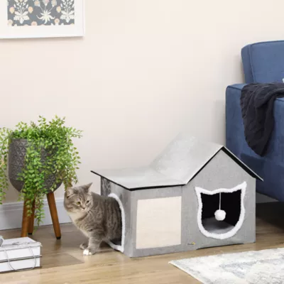 PawHut Large Cat Bed for Indoor, Cat House Hideaway with Soft Cushion, Scratching Pad, Dangling Ball - Image 2