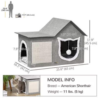 PawHut Large Cat Bed for Indoor, Cat House Hideaway with Soft Cushion, Scratching Pad, Dangling Ball - Image 3