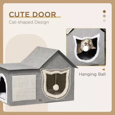 PawHut Large Cat Bed for Indoor, Cat House Hideaway with Soft Cushion, Scratching Pad, Dangling Ball - Image 6