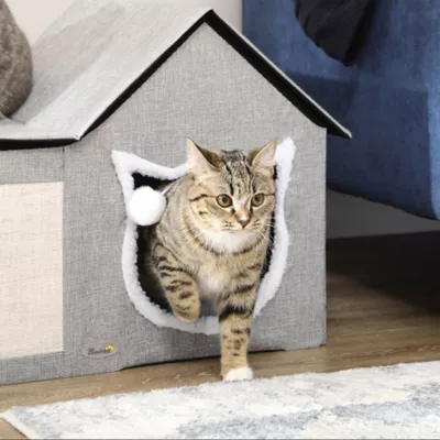 PawHut Large Cat Bed for Indoor, Cat House Hideaway with Soft Cushion, Scratching Pad, Dangling Ball - Image 7