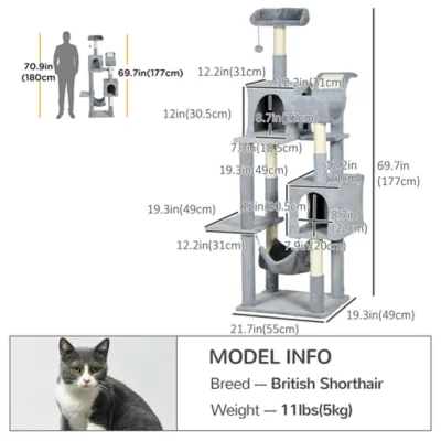 PawHut Tall Cat Tree for Indoor Cats, 70" Multi-Level Cat Tower with Hammock, Cat Bed, Cat Condo - Image 3