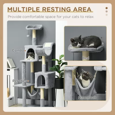 PawHut Tall Cat Tree for Indoor Cats, 70" Multi-Level Cat Tower with Hammock, Cat Bed, Cat Condo - Image 4