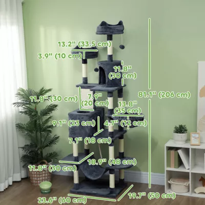 PawHut 81" Large Cat Tree w/ Scratching Posts, Condos, Beds, Hammocks, Jumping Platforms, Toy Balls - Image 3