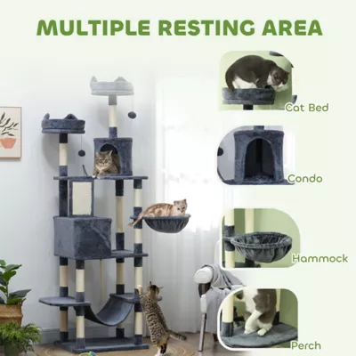 PawHut 81" Large Cat Tree w/ Scratching Posts, Condos, Beds, Hammocks, Jumping Platforms, Toy Balls - Image 4