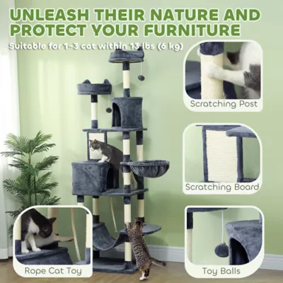 PawHut 81" Large Cat Tree w/ Scratching Posts, Condos, Beds, Hammocks, Jumping Platforms, Toy Balls - Image 6