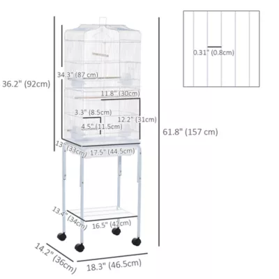 PawHut 62"H Bird Cage on Stand w/ Wheels, Rolling Stand with Storage Shelf - Image 3