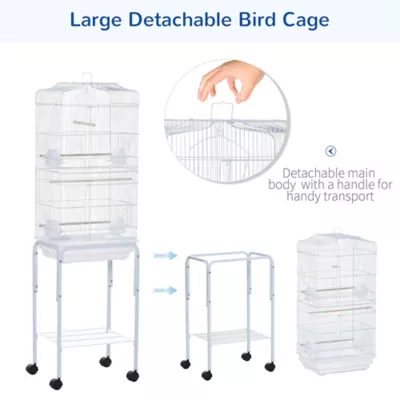 PawHut 62"H Bird Cage on Stand w/ Wheels, Rolling Stand with Storage Shelf - Image 4