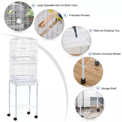 PawHut 62"H Bird Cage on Stand w/ Wheels, Rolling Stand with Storage Shelf - Image 5