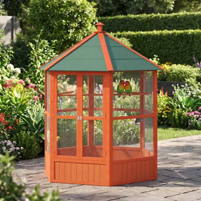PawHut 70"H Wooden Bird Cage Hexagonal Outdoor Aviary with Doors - Image 2