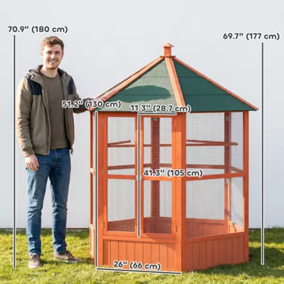 PawHut 70"H Wooden Bird Cage Hexagonal Outdoor Aviary with Doors - Image 3