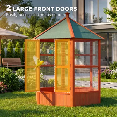 PawHut 70"H Wooden Bird Cage Hexagonal Outdoor Aviary with Doors - Image 4