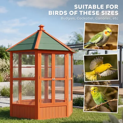 PawHut 70"H Wooden Bird Cage Hexagonal Outdoor Aviary with Doors - Image 5