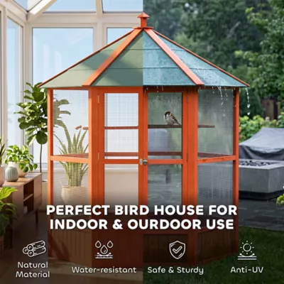 PawHut 70"H Wooden Bird Cage Hexagonal Outdoor Aviary with Doors - Image 6