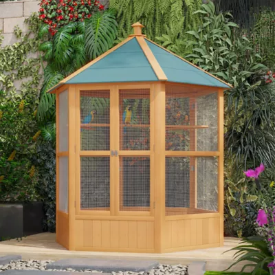 PawHut 70"H Wooden Bird Cage Hexagonal Outdoor Aviary with Doors - Image 7