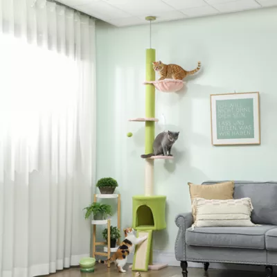 PawHut 87"-94.5" Floor to Ceiling Cat Tree with Sisal Scratching Post, Condo, Hammock, Ramp, Perches - Image 2