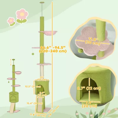 PawHut 87"-94.5" Floor to Ceiling Cat Tree with Sisal Scratching Post, Condo, Hammock, Ramp, Perches - Image 3