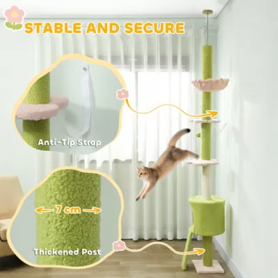 PawHut 87"-94.5" Floor to Ceiling Cat Tree with Sisal Scratching Post, Condo, Hammock, Ramp, Perches - Image 7