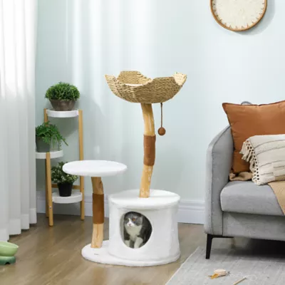 PawHut 40" Real Wood Cat Tree, Cat Tower for Indoor Large Adult Cats with Scratching Posts, Condo - Image 2
