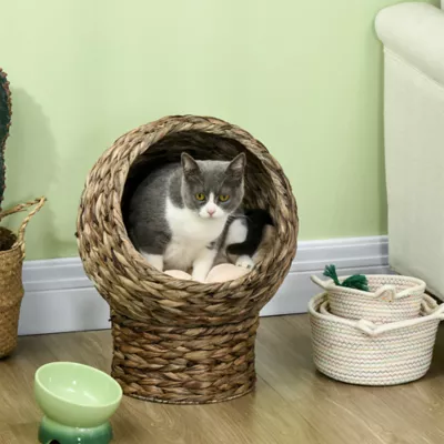 PawHut Wicker Cat Bed with Cushion, Stand, for Indoor Use - Image 2