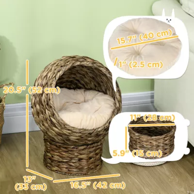 PawHut Wicker Cat Bed with Cushion, Stand, for Indoor Use - Image 3