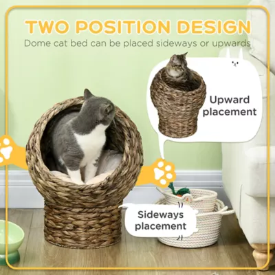 PawHut Wicker Cat Bed with Cushion, Stand, for Indoor Use - Image 4
