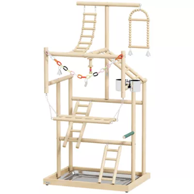 PawHut Bird Playground, 4 Layer Wooden Play Stand with Ladders, Chain Toy, Stainless Steel Cups,Tray - Image 1