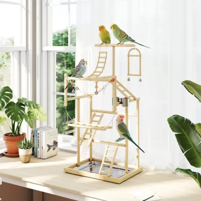 PawHut Bird Playground, 4 Layer Wooden Play Stand with Ladders, Chain Toy, Stainless Steel Cups,Tray - Image 2