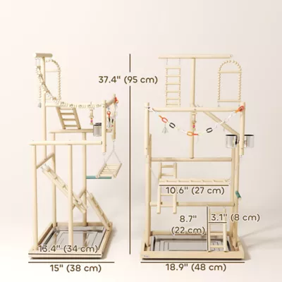 PawHut Bird Playground, 4 Layer Wooden Play Stand with Ladders, Chain Toy, Stainless Steel Cups,Tray - Image 3