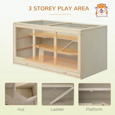 PawHut 3-Storey Wooden Cage with Slide and Tray - Image 4